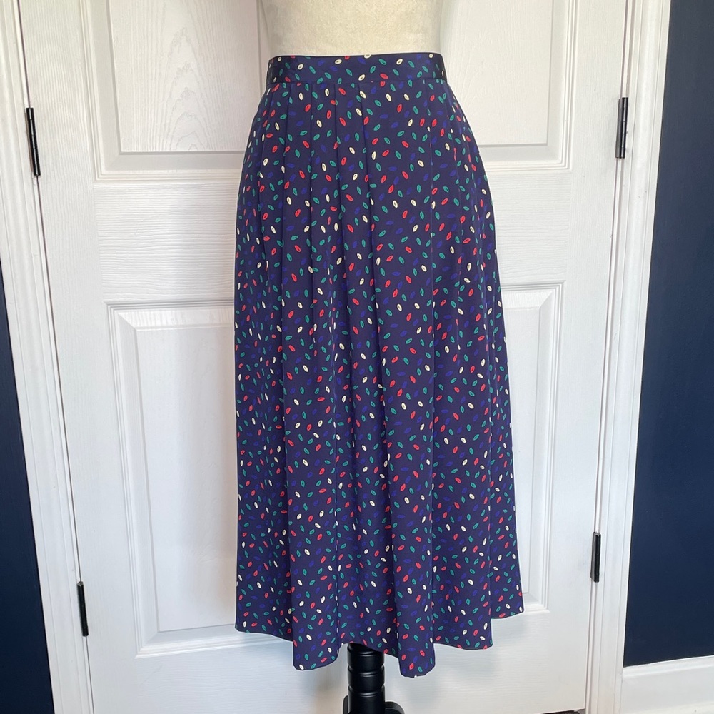 Vintage Kasper Blue Midi Pleated Skirt Colorful Confetti Pattern Size 14